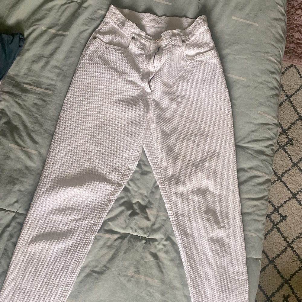 Platinum White Textured Pants-High Waist